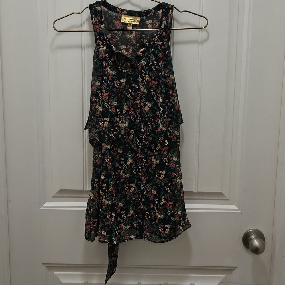 Princess‎ Vera Wang Sleeveless Floral Chiffon Top Black Overlay Sash Size M